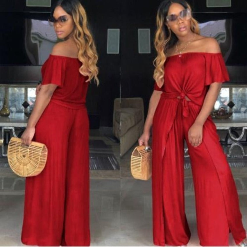 Off the Shoulder Top w/ Wide-Leg Pants Sets(P)